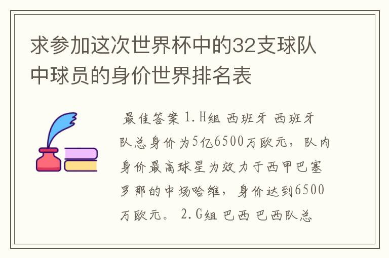 求参加这次世界杯中的32支球队中球员的身价世界排名表