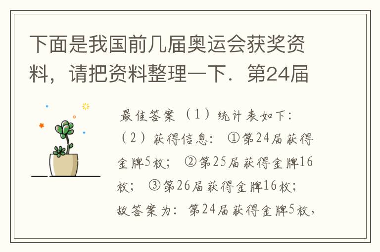 下面是我国前几届奥运会获奖资料,请把资料整理一下.第24届:金牌5枚、银牌17枚、铜牌25枚;第25届:金