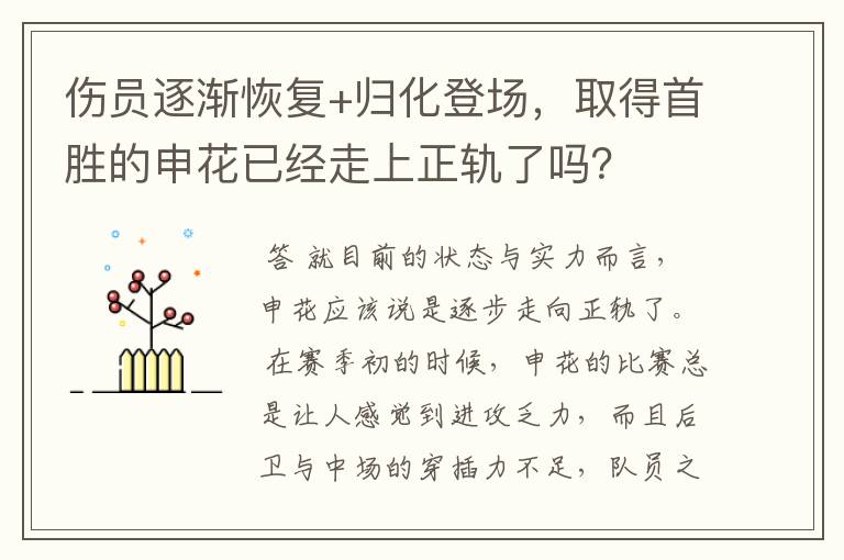 伤员逐渐恢复+归化登场,取得首胜的申花已经走上正轨了吗?