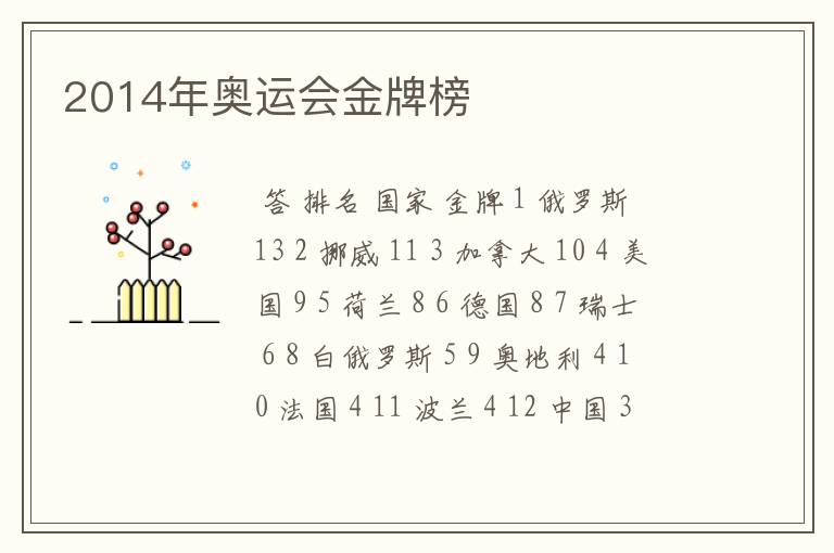 2014年奥运会金牌榜
