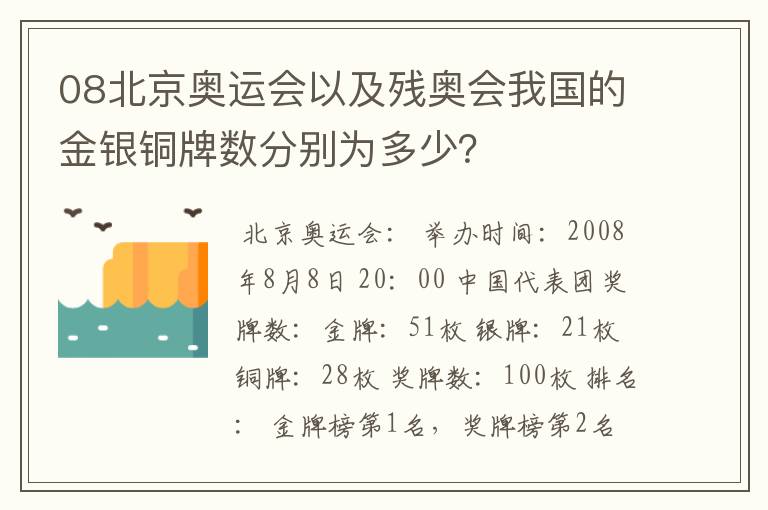 08北京奥运会以及残奥会我国的金银铜牌数分别为多少?