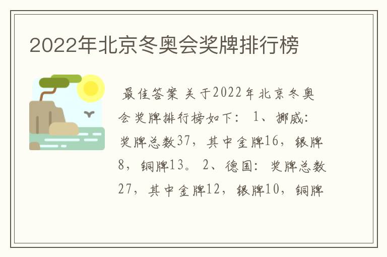 2022年北京冬奥会奖牌排行榜