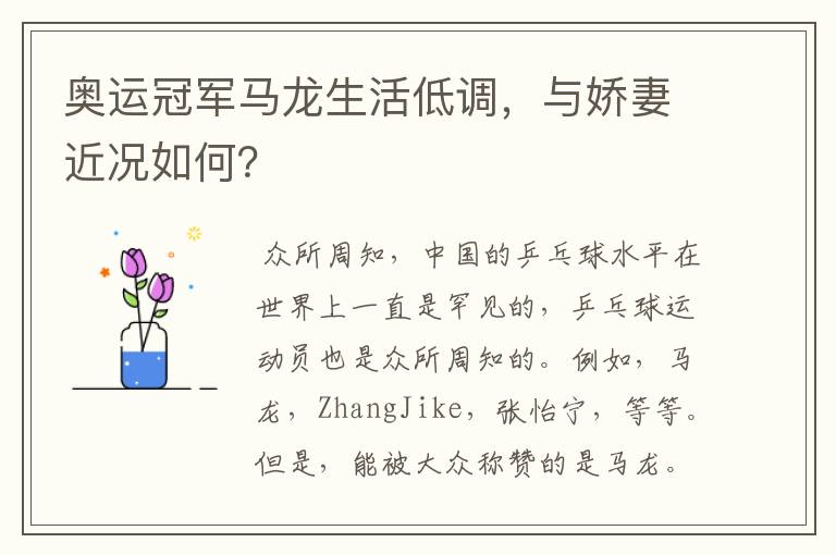 奥运冠军马龙生活低调,与娇妻近况如何?