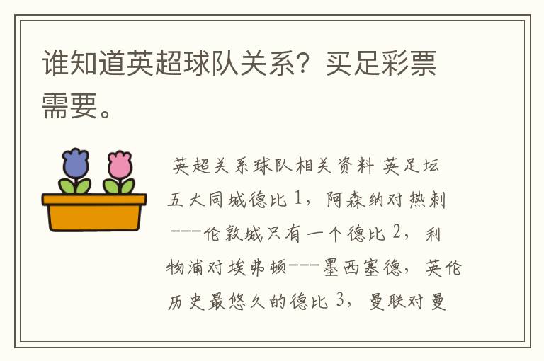 谁知道英超球队关系?买足彩票需要。
