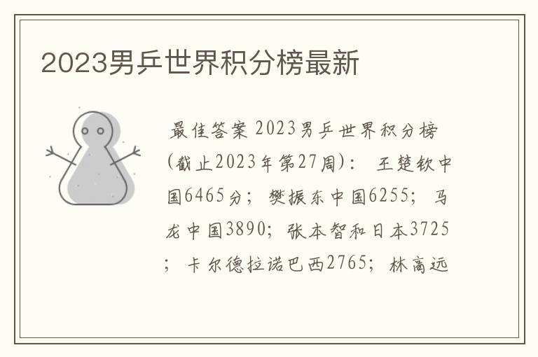 2023男乒世界积分榜最新