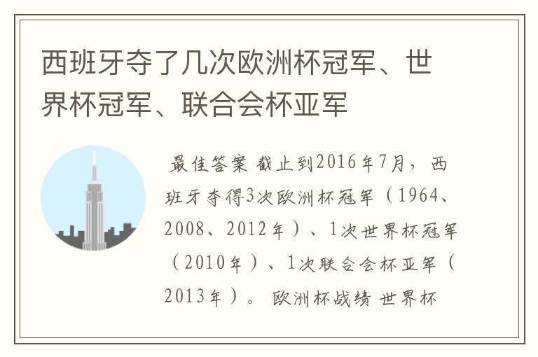 西班牙夺了几次欧洲杯冠军、世界杯冠军、联合会杯亚军