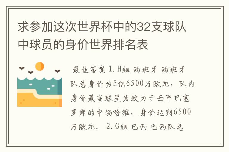 求参加这次世界杯中的32支球队中球员的身价世界排名表
