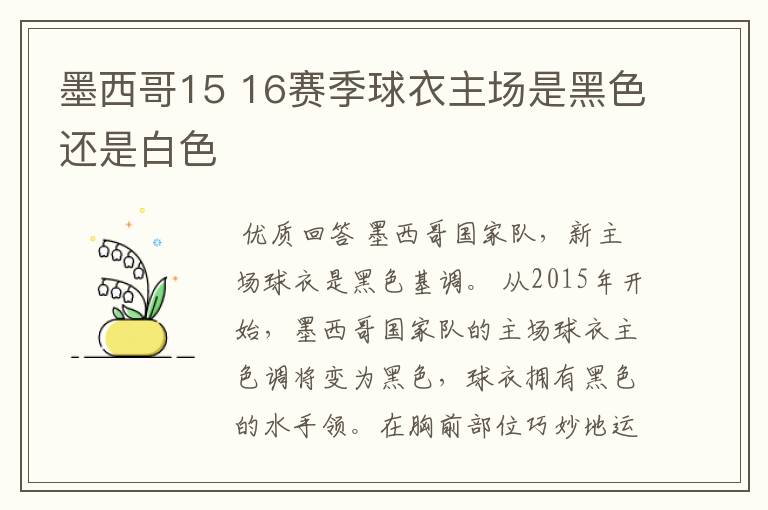 墨西哥15 16赛季球衣主场是黑色还是白色