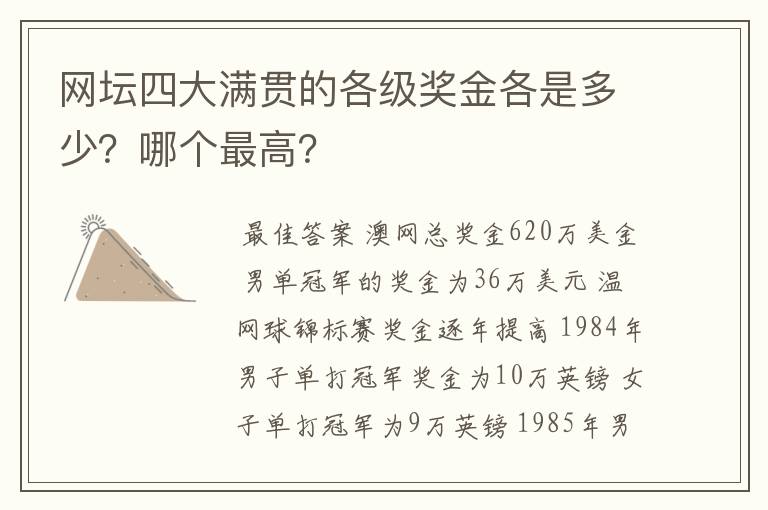 网坛四大满贯的各级奖金各是多少?哪个最高?