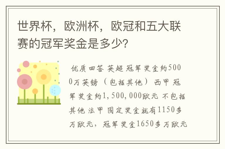 世界杯,欧洲杯,欧冠和五大联赛的冠军奖金是多少?