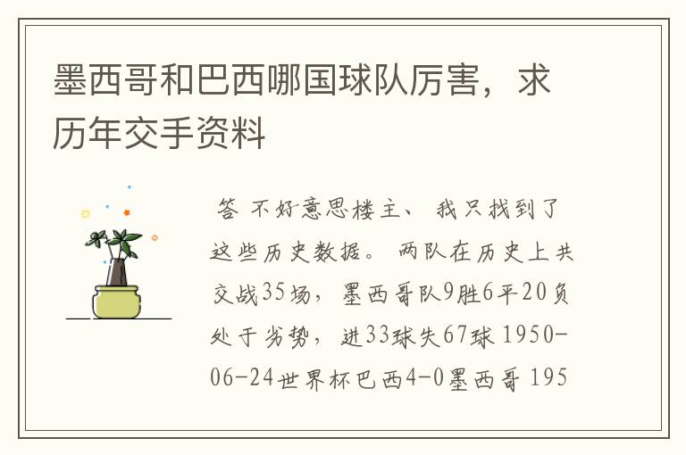 墨西哥和巴西哪国球队厉害，求历年交手资料