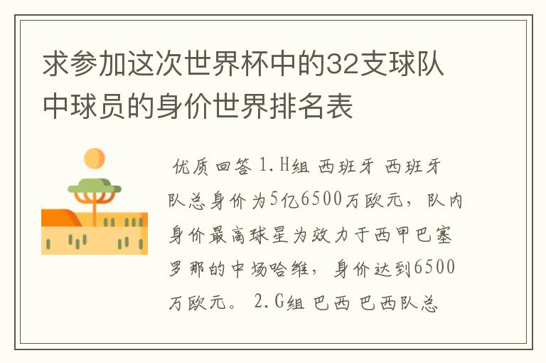 求参加这次世界杯中的32支球队中球员的身价世界排名表