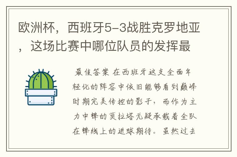 欧洲杯,西班牙5-3战胜克罗地亚,这场比赛中哪位队员的发挥最好?