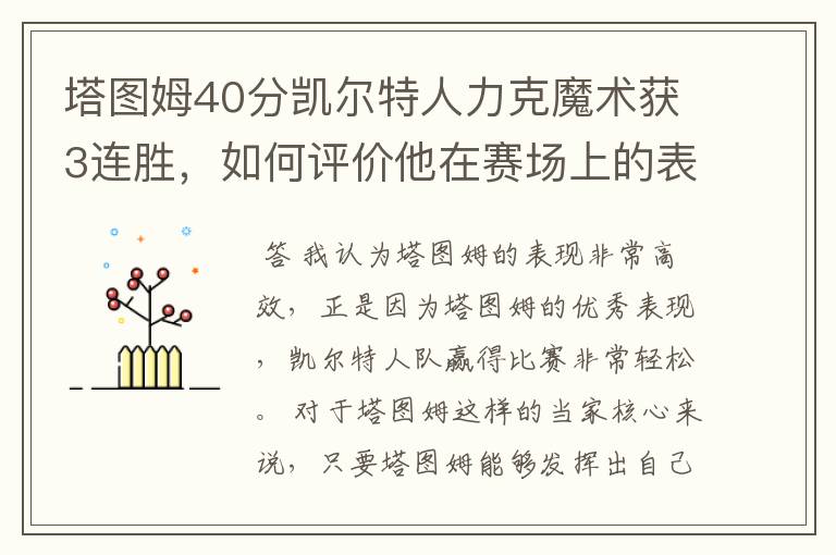 塔图姆40分凯尔特人力克魔术获3连胜，如何评价他在赛场上的表现？