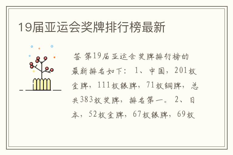 19届亚运会奖牌排行榜最新