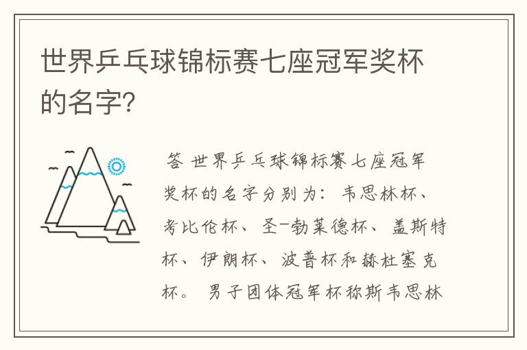 世界乒乓球锦标赛七座冠军奖杯的名字?