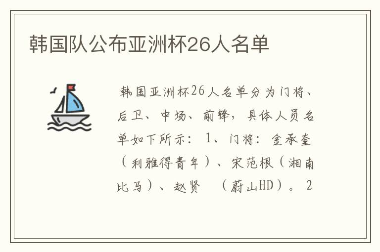韩国队公布亚洲杯26人名单