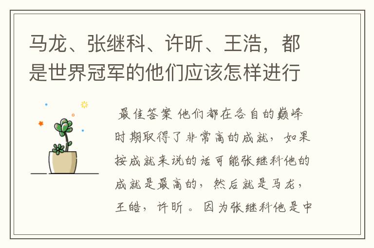马龙、张继科、许昕、王浩,都是世界冠军的他们应该怎样进行实力上的排序?
