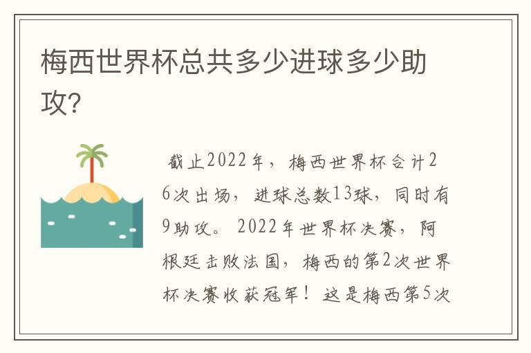 梅西世界杯总共多少进球多少助攻?