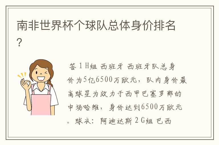 南非世界杯个球队总体身价排名?