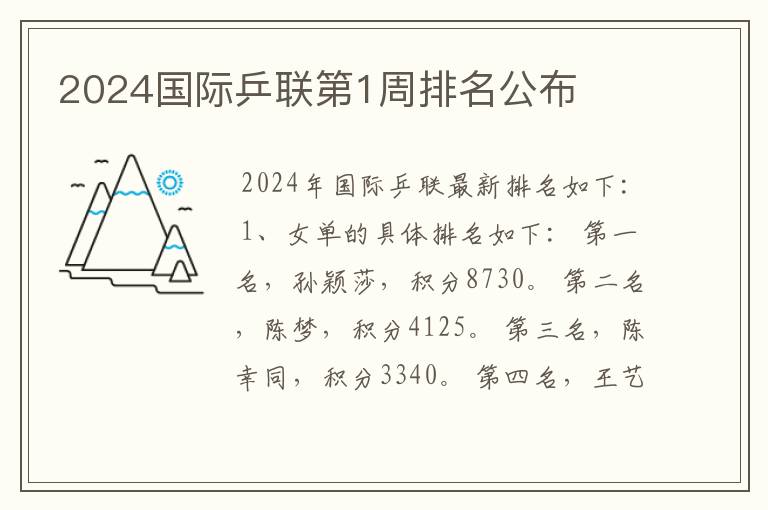 2024国际乒联第1周排名公布