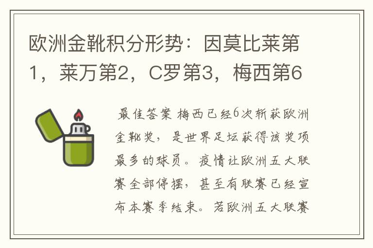 欧洲金靴积分形势:因莫比莱第1,莱万第2,C罗第3,梅西第6