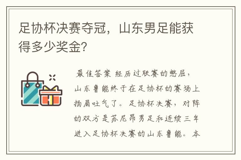 足协杯决赛夺冠,山东男足能获得多少奖金?