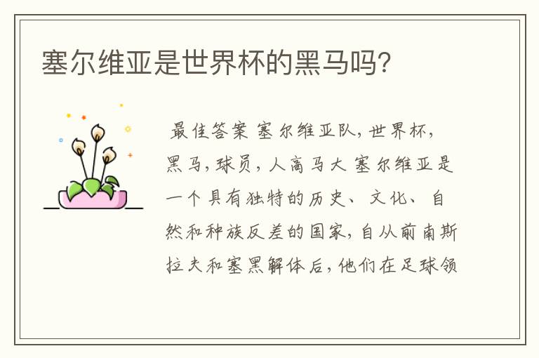 塞尔维亚是世界杯的黑马吗?