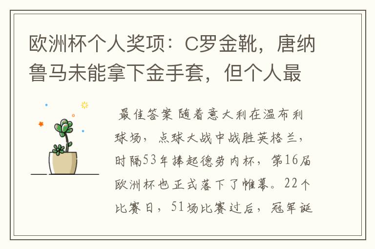 欧洲杯个人奖项:C罗金靴,唐纳鲁马未能拿下金手套,但个人最佳