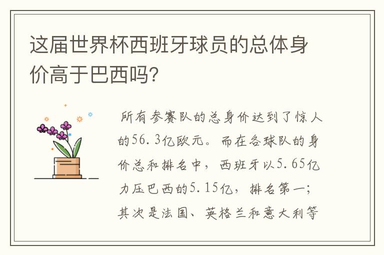 这届世界杯西班牙球员的总体身价高于巴西吗?