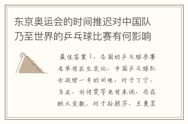 东京奥运会的时间推迟对中国队乃至世界的乒乓球比赛有何影响?