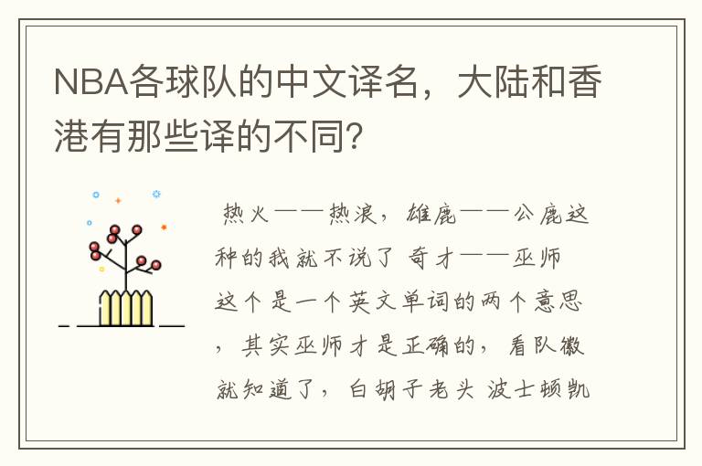NBA各球队的中文译名,大陆和香港有那些译的不同?