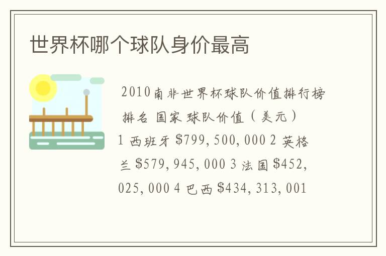 世界杯哪个球队身价最高