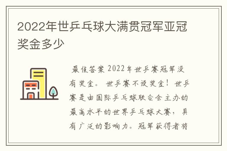 2022年世乒乓球大满贯冠军亚冠奖金多少