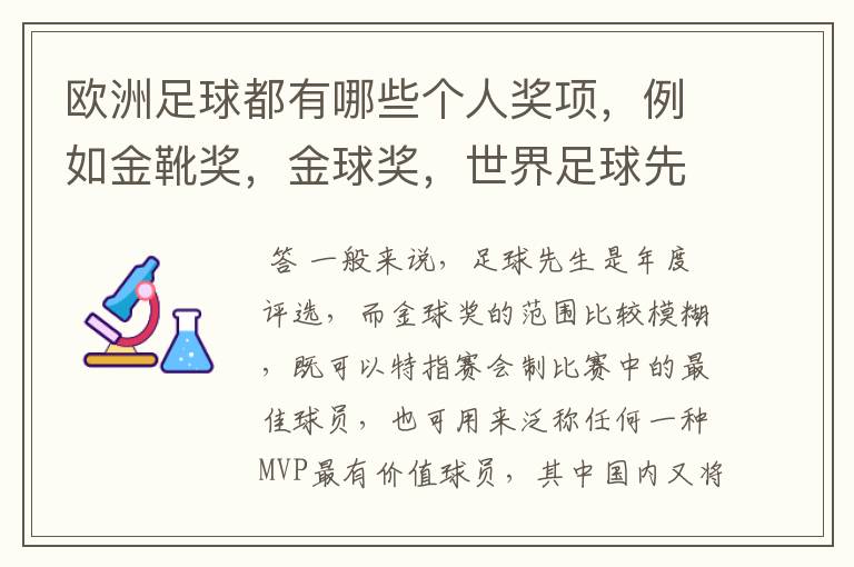 欧洲足球都有哪些个人奖项,例如金靴奖,金球奖,世界足球先生的,请高人解答,要最全的个人奖项,还有每