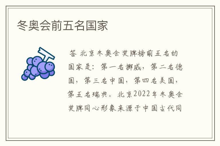 冬奥会前五名国家