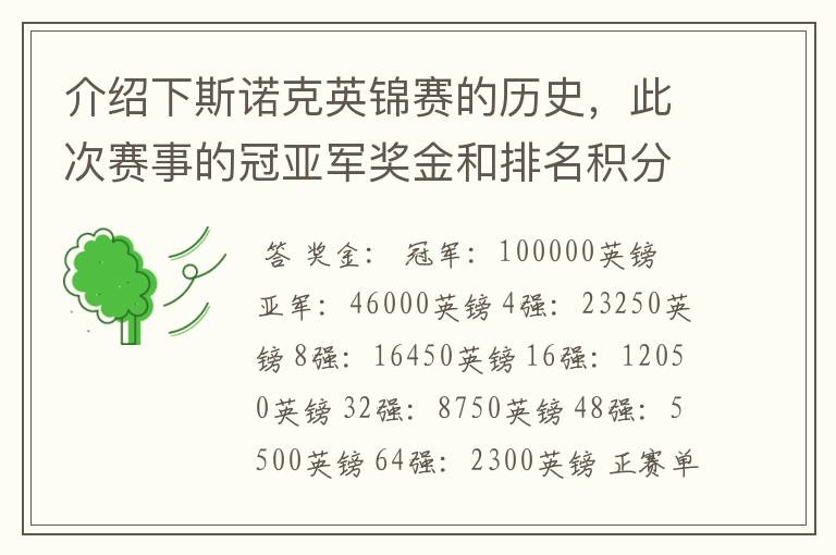 介绍下斯诺克英锦赛的历史,此次赛事的冠亚军奖金和排名积分各是多少?