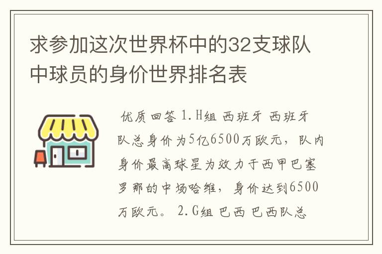 求参加这次世界杯中的32支球队中球员的身价世界排名表