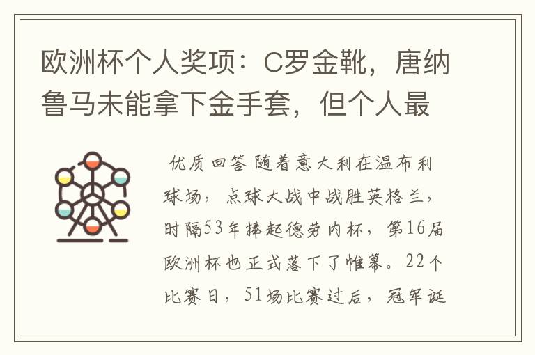 欧洲杯个人奖项:C罗金靴,唐纳鲁马未能拿下金手套,但个人最佳