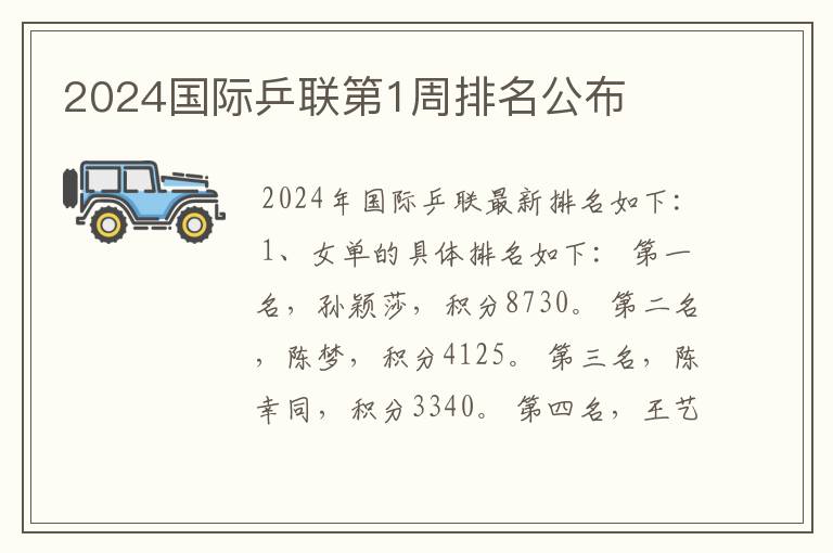 2024国际乒联第1周排名公布