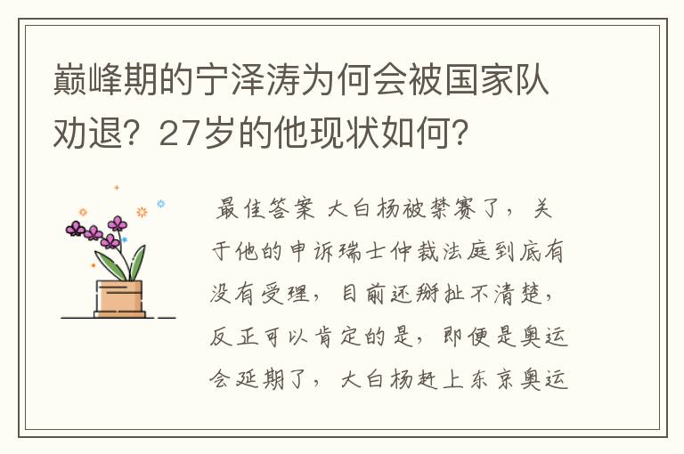 巅峰期的宁泽涛为何会被国家队劝退?27岁的他现状如何?