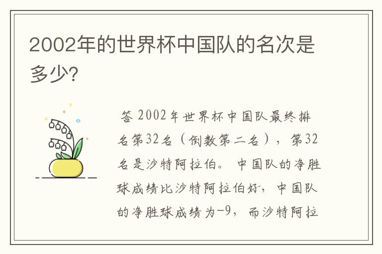 2002年的世界杯中国队的名次是多少?