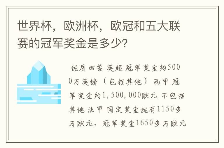 世界杯,欧洲杯,欧冠和五大联赛的冠军奖金是多少?
