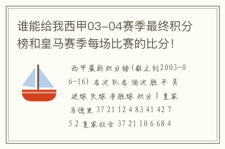谁能给我西甲03-04赛季最终积分榜和皇马赛季每场比赛的比分！