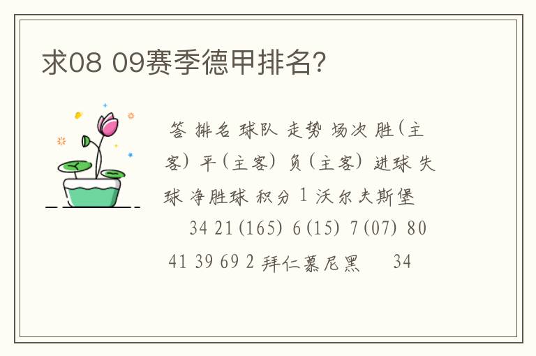 求08 09赛季德甲排名?