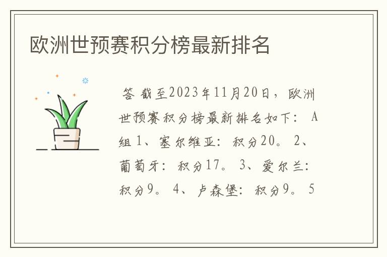 欧洲世预赛积分榜最新排名