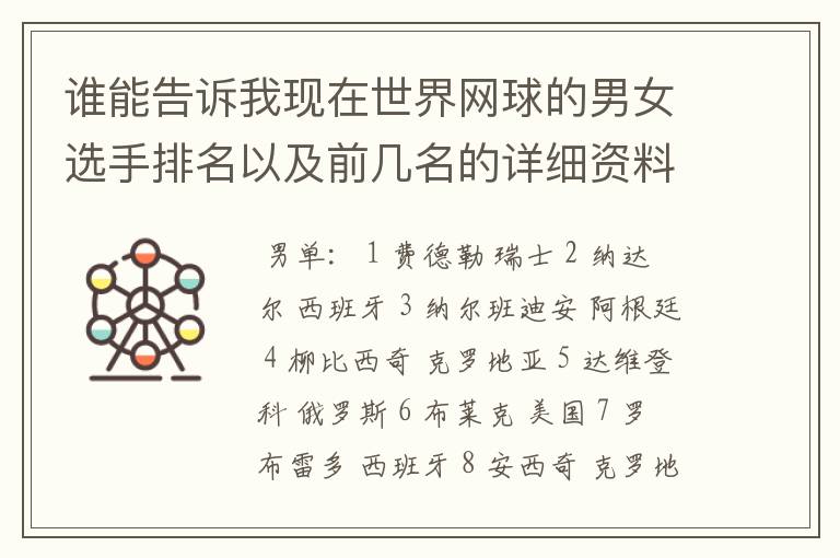 谁能告诉我现在世界网球的男女选手排名以及前几名的详细资料 都有哪些重要赛事