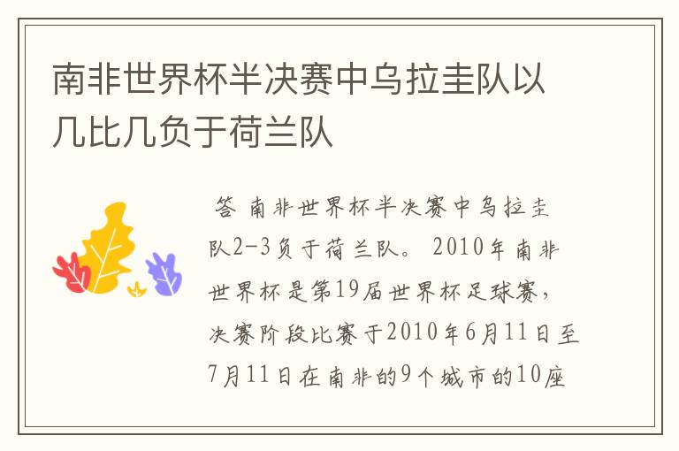 南非世界杯半决赛中乌拉圭队以几比几负于荷兰队