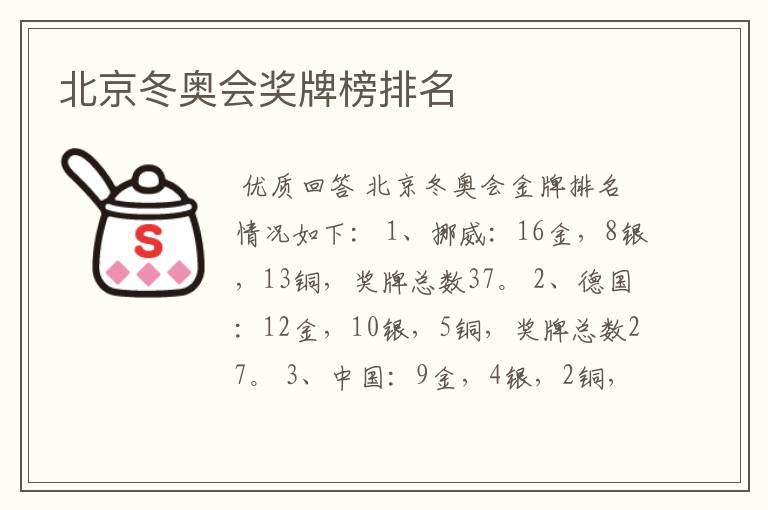 北京冬奥会奖牌榜排名