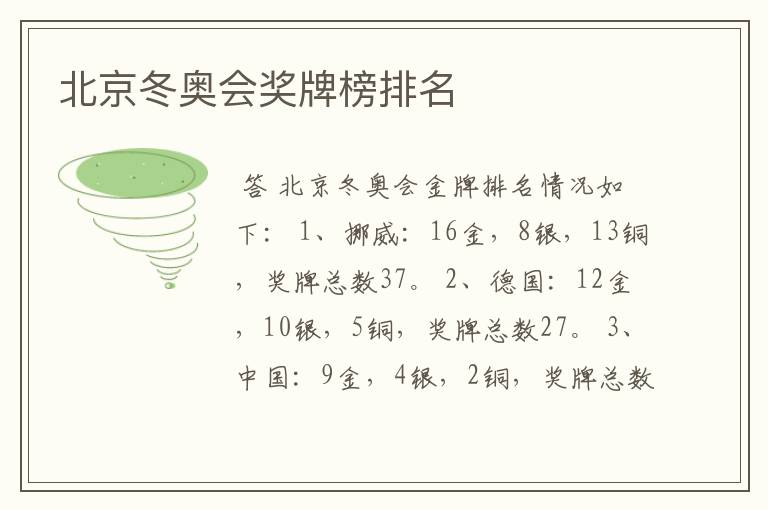 北京冬奥会奖牌榜排名